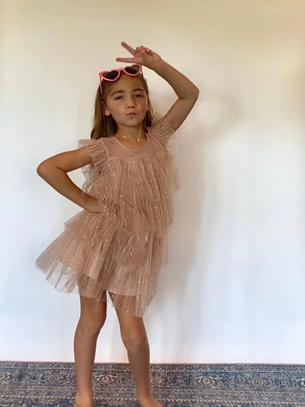Girls Sparkle Tiered Tulle Dress - Blush Pink